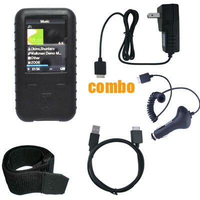 6 Piece Value Combo Accessory Bundle Kit: Black Silicone Skin Case Cover + Car Charger + Travel Charger + USB Data Sync Cable + Armband + Belt Clip for Sony Walkman A815/A816/A816 Series MP3 Player