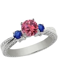 1.01 Ct Round Pink Diamond Blue Sapphire 14K White Gold 3-Stone Ring