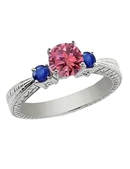 1.01 Ct Round Pink Diamond Blue Sapphire 18K White Gold 3-Stone Ring