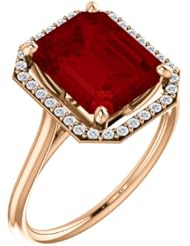 10K Rose Gold 10.00x8.00mm Emerald Cut Chatham Created Ruby and Diamond Halo-Style Ring -- LIFETIME WARRANTY