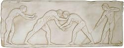 Greek Wrestlers Fighting Long Wall Relief