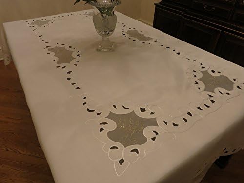 Religious "Star of David" Embroidered Cutwork Tablecloth with Organza Look Inset (White 68" x 120"