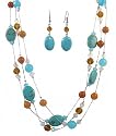Necklace - N333 - Triple Strand ~ Turquoise & Carnelian Gemstones and Glass Beads (18") + Matching Earrings