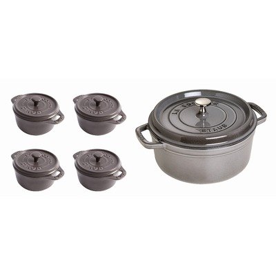 Staub 4-Quart Cast Iron Cocotte with 4 Mini Ceramic Cocottes - Graphite Grey product image