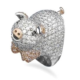 Rhodium Plated CZ Pig Ring in Sterling Silver
