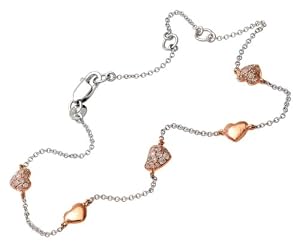 9ct Rose and White Gold Diamond Heart Bracelet of 21.5cm