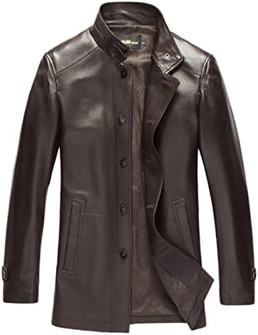 Erechtheus Men's Mao Collar Genuine Leather Jacket (Medium, Brown)