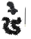 Flapper Costume - Black Feather Boa, Headband With Rose and Cigarette Holder