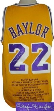 Elgin Baylor Autographed/Hand Signed Los Angeles Lakers Yellow Prostyle Jersey w/ Embroidered Stats