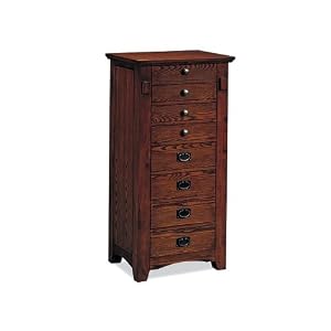 Oak Finish Wood Mission Style Jewelry Armoire Chest With Flip Up Mirror