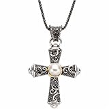 Sterling Silver and 14K Yellow Gold Freshwater Cultured Pearl Cross Necklace