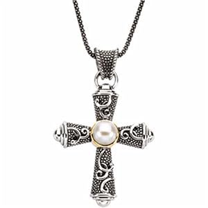 Sterling Silver and 14K Yellow Gold Freshwater Cultured Pearl Cross Necklace