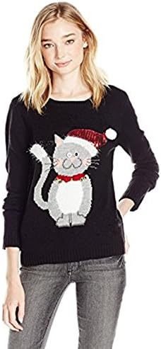 Ariamark Women Christmas Holiday Sweater-Meowy with Jungel Bell-Warm kintted Pullover