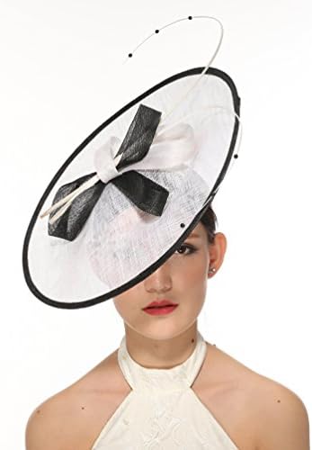 Sinamay Disc Fascinator Hat with Quill and Pearl-beaded Detail White with Black