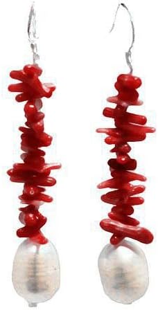 Red Coral &amp; Freshwater Cultured Pearl Earring with Sterling Silver fishhook