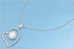 Sterling Silver Necklace - Freshwater Pearl in Heart with 16in-18in Chain - 28mm Pendant Height