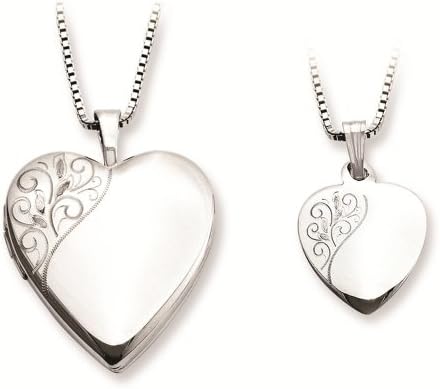 Sterling Silver Polished & Satin Finish Floral Design Heart Locket Pendant Necklace Set