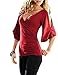 Annflat Women's V Neck Cold Shoulder Trumpet Sleeve Wrap Top T-shirts Large Burgundy