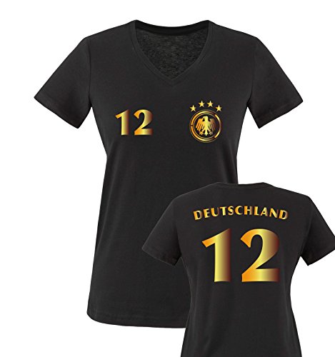 EM 2016 – TRIKOT – DEUTSCHLAND – 12 – Damen V-Neck T-Shirt – Schwarz / Gold Gr. M