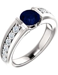 10K White Gold 6.00mm Round Cut Chatham Created Sapphire and Diamond Ring -- LIFETIME WARRANTY