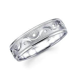 14k White Gold Ladies Mens Satin Milgrain Unique Diamond Cut Design Wedding Ring Band 6MM Size 11.5