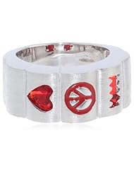 DOMO White Bronze Red Glass Enamel "Love, Peace, Hope" Ring