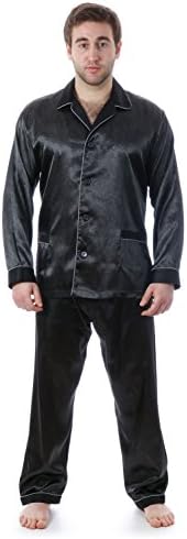 Le Ferre International Men's Smooth Satin Pajama Set - Long Sleeve, Graphite Black, Large