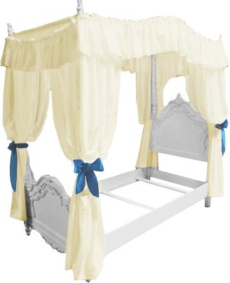Girl's Princess Twin Size Solid Beige / Off White Drape Canopy with Turquoise Ribbon Ties
