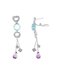 9.91CTW 14K White Gold Genuine Natural Multi-Gemstone and Diamond Dangling French Clip Earrings