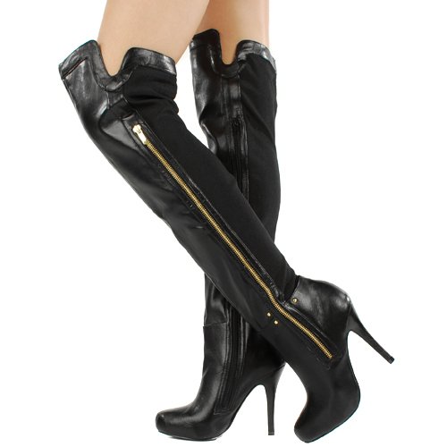 Furge135 Faux Side Zipper Thigh High Boots BLACK