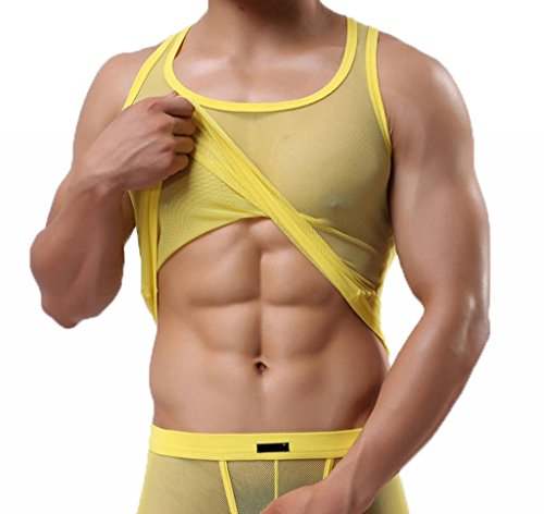 Ouye Men's Mesh See-through Tank Top Vest X-Large Yellow