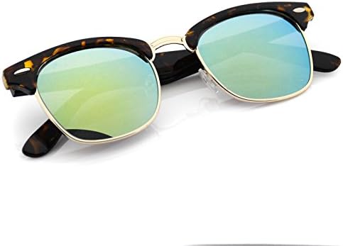 Designer Inspired Classic Half Frame Horned Rim Wayfarer Sunglasses (Tortoise-Green Mirror)