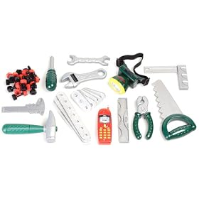 Click here to buy Deluxe Giant 55-Piece Tool Set incl. Mobile Phone, Lamp, Saw, Hammer, etc. by Pretend Play Toy Products.