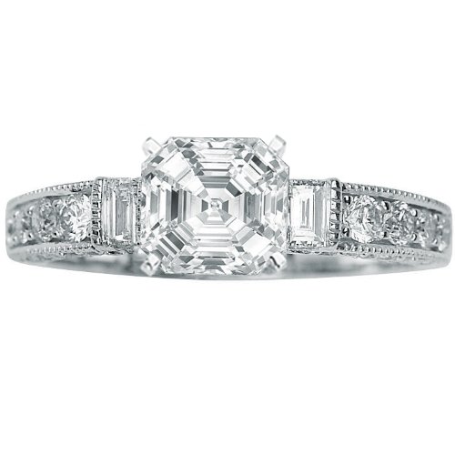 Asscher Cut/Shape Baguette And Round Diamonds Engagement Ring, VS Clarity (1.08 Carat t.w.)