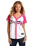 MLB Women's Atlanta Braves Short Sleeve 5 Button Synthetic Replica Baseball Jersey (White/Pink Splash, Medium)