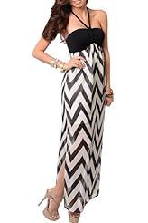Sexy Sheer Polyester/Rayon/Spandex Halter Chevron Print Zig Zag Maxi Dress 