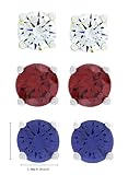 Platinum Plated Sterling Silver Round Clear, Red and Blue Cubic Zirconia Stud Earrings Set
