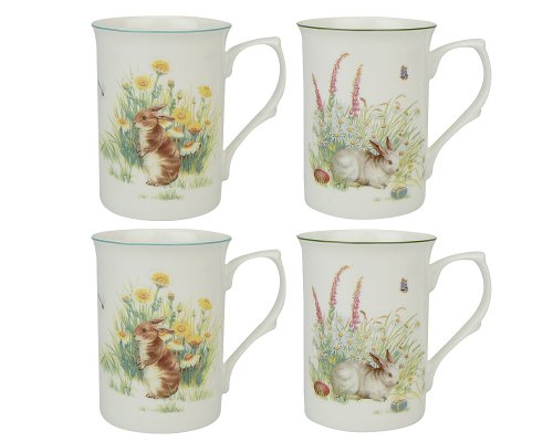 Gracie Bone China 10-Ounce Mug, Assorted 2 Designs, Bunny, Set of 4 On Sale