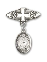 Sterling Silver Baby Badge with Marie Magdalen Postel Charm and Badge Pin with Cross