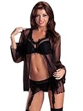 Sexy Black Bra Garter Belt G String and Matching Coat Set Sequins Sheer Lingerie