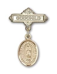 14K Gold Baby Badge with Our Lady of Guadalupe Charm and Godchild Badge Pin