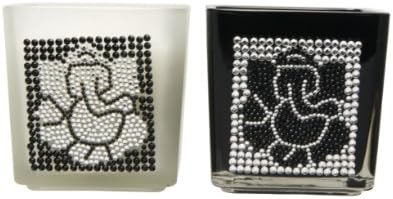 Set of Two Rhinestone Embellished Glass Ganesh Candles