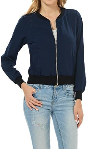 Numupuon AulinĂƒÂ© Collection Womens Fashion Color Zip Up Lightweight Bomber Jacket Navy Blue Small