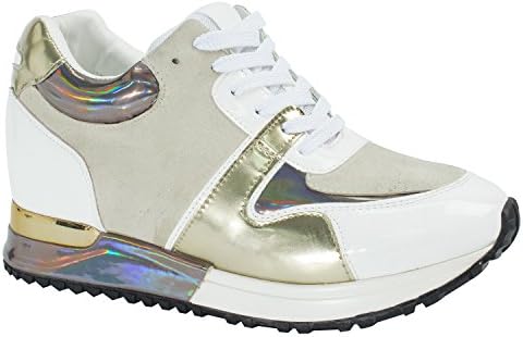 Womens Ladies Shiny Gold Metal Trim Low Fashion Sneaker,White,S 5.5-6,B(M)