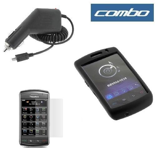 Black Durable Silicone Skin Soft Case + Rapid Car Charger + Clear Reusable LCD Screen Protector for RIM BlackBerry Storm 9500 9530 Smartphone