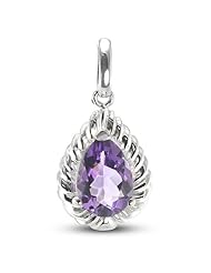 Textured Rope Design Pendant With A Pear Shape Authentic Amethyst Center Stone In Rodium Plated Sterling Silver