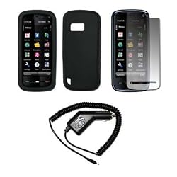 Solid Black Silicone Gel Skin Cover Case + Screen Protector + Rapid Car Charger for Nokia XpressMusic 5800