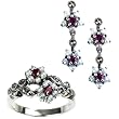 Gemini Silver Natural Seed Pearl Earrings & Ring Set, Ruby - Dahlia Vintage Collection