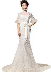 Elbow Length Sleeves  Satin High-Neck Mermaid Lace   Ball Gown  Dress With a Bow(s)