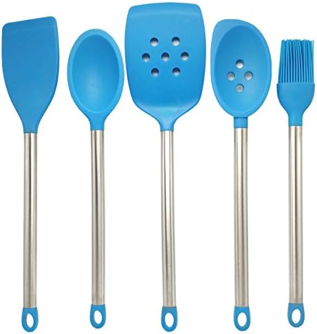 Durable Silicone and Stainless Steel Cooking Set Kitchen Utensils,Blue Color Set of 5 by UHQ